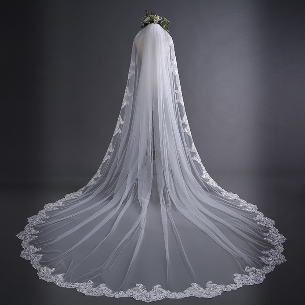Elegant Long Lace-Edged Wedding Veil in White - Picture 2 of 5